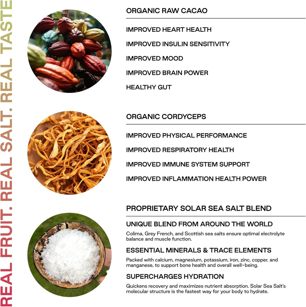 Purest Electrolyte Chocolate Cordyceps Powder Packets – Whole Food Hydration - Fermented Cacao and Solar Sea Salts for Ultimate Electrolyte Balance