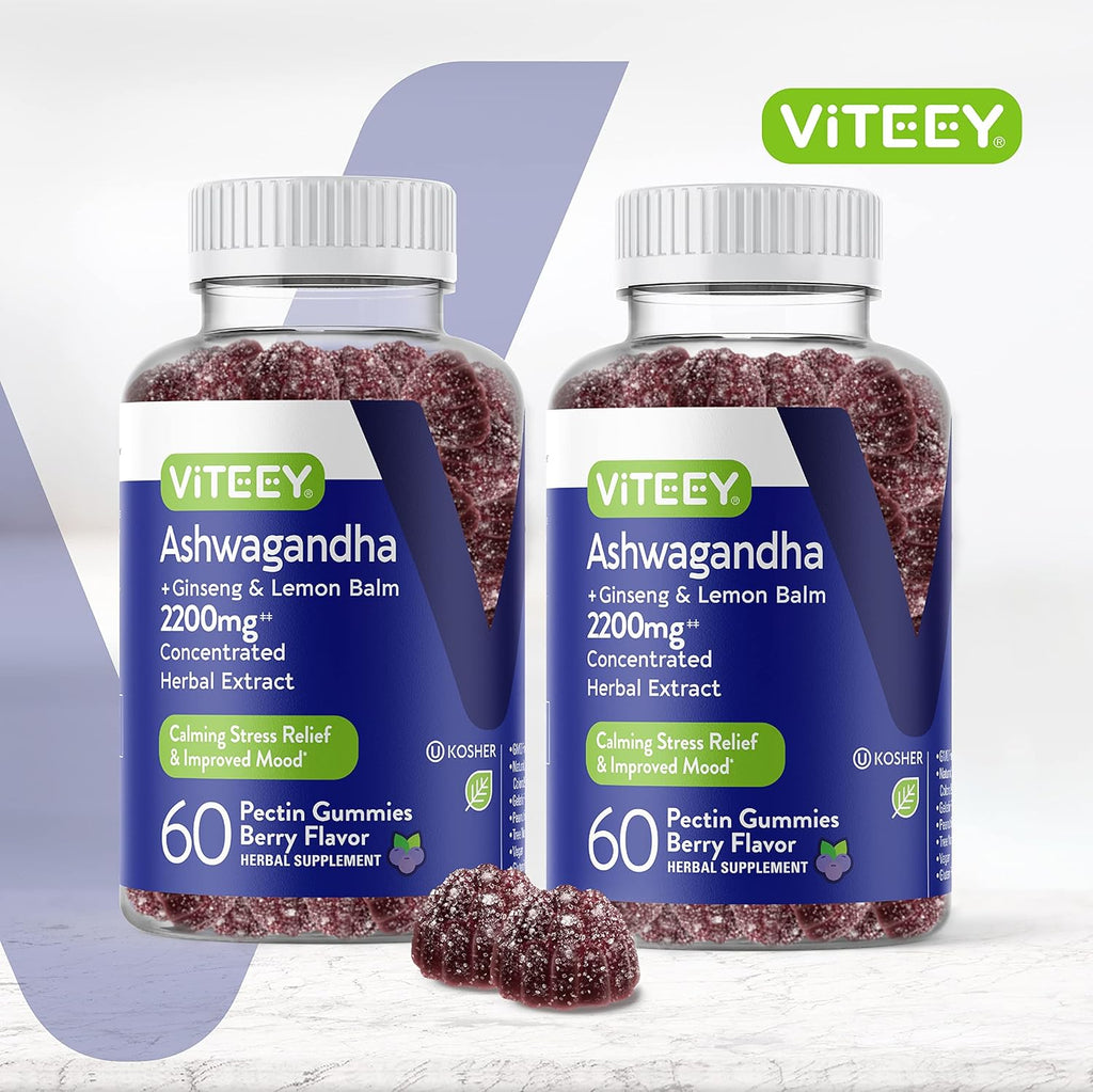 Viteey Ashwagandha Gummies with Ginseng & Lemon Balm - Mood, Calm & Stress Support Ashwagandha Supplements - Vegan, Gluten-Free - 120 Count