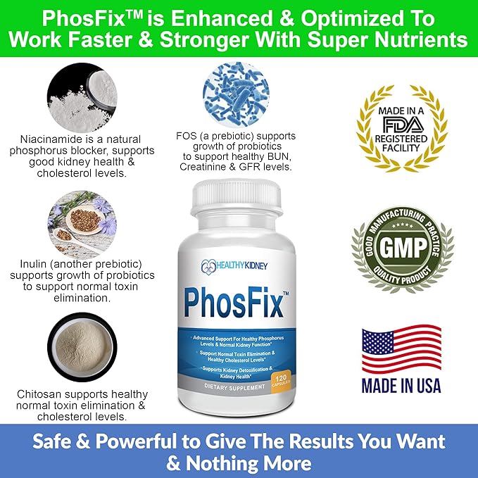 PhosFix 120 Pills Phosphorus Binder with Chitosan for Supporting Normal Phosphorus Levels and Kidney Health. Renal Supplement Optimal Health