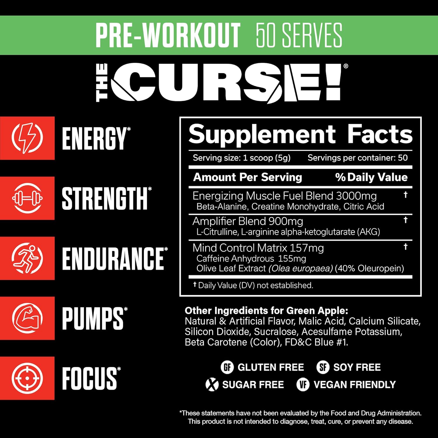 JNX SPORTS The Curse! Pre Workout Powder for Men & Women, Caffeine, Beta-Alanine, Creatine, L-Citrulline, 50 Servings, Green Apple Flavor – Boost Energy, Strength & Focus
