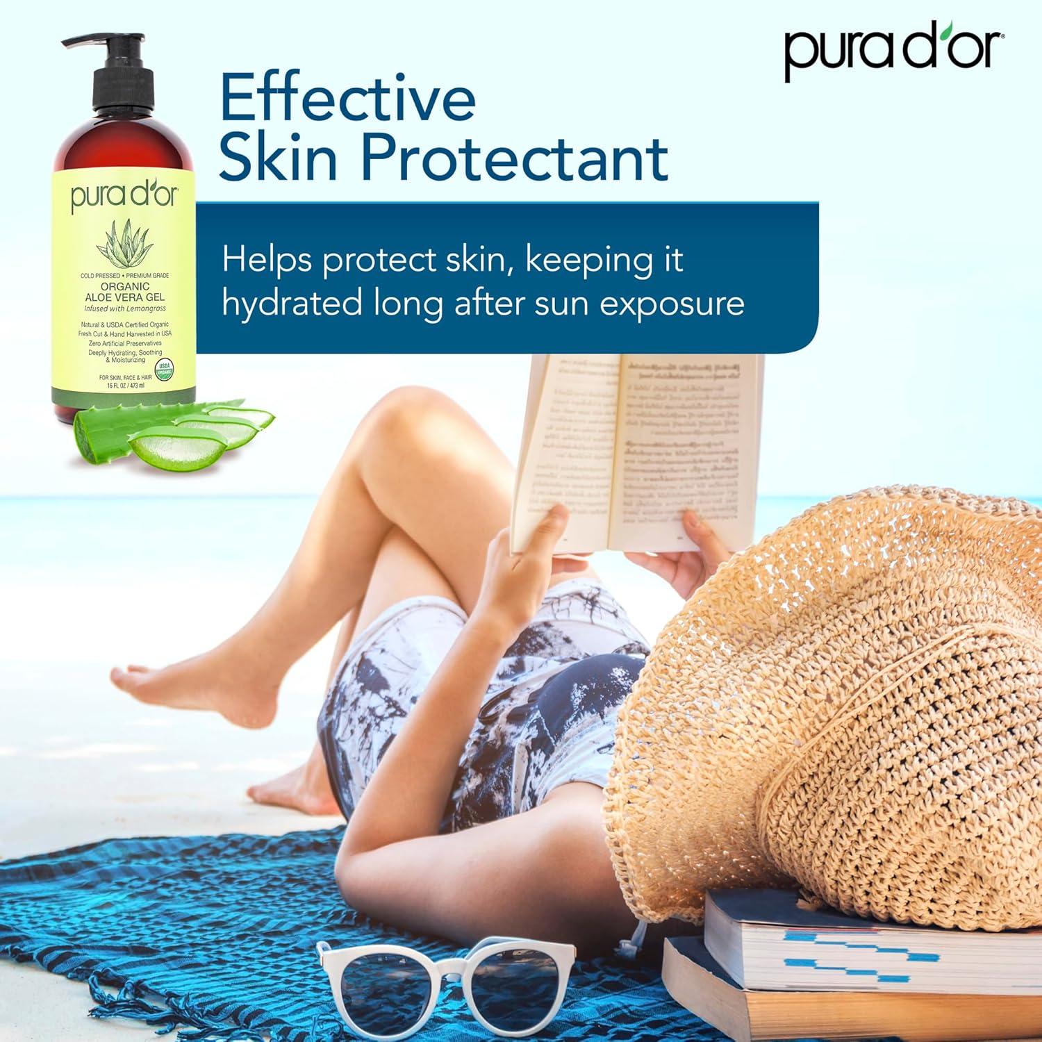 PURA D'OR 16 Oz ORGANIC Aloe Vera Gel - Lemongrass - All Natural - ZERO Artificial Preservatives - Deeply Hydrating & Moisturizing - Sunburn, Bug Bites, Rashes, Small Cuts, Eczema Relief - Skin & Hair