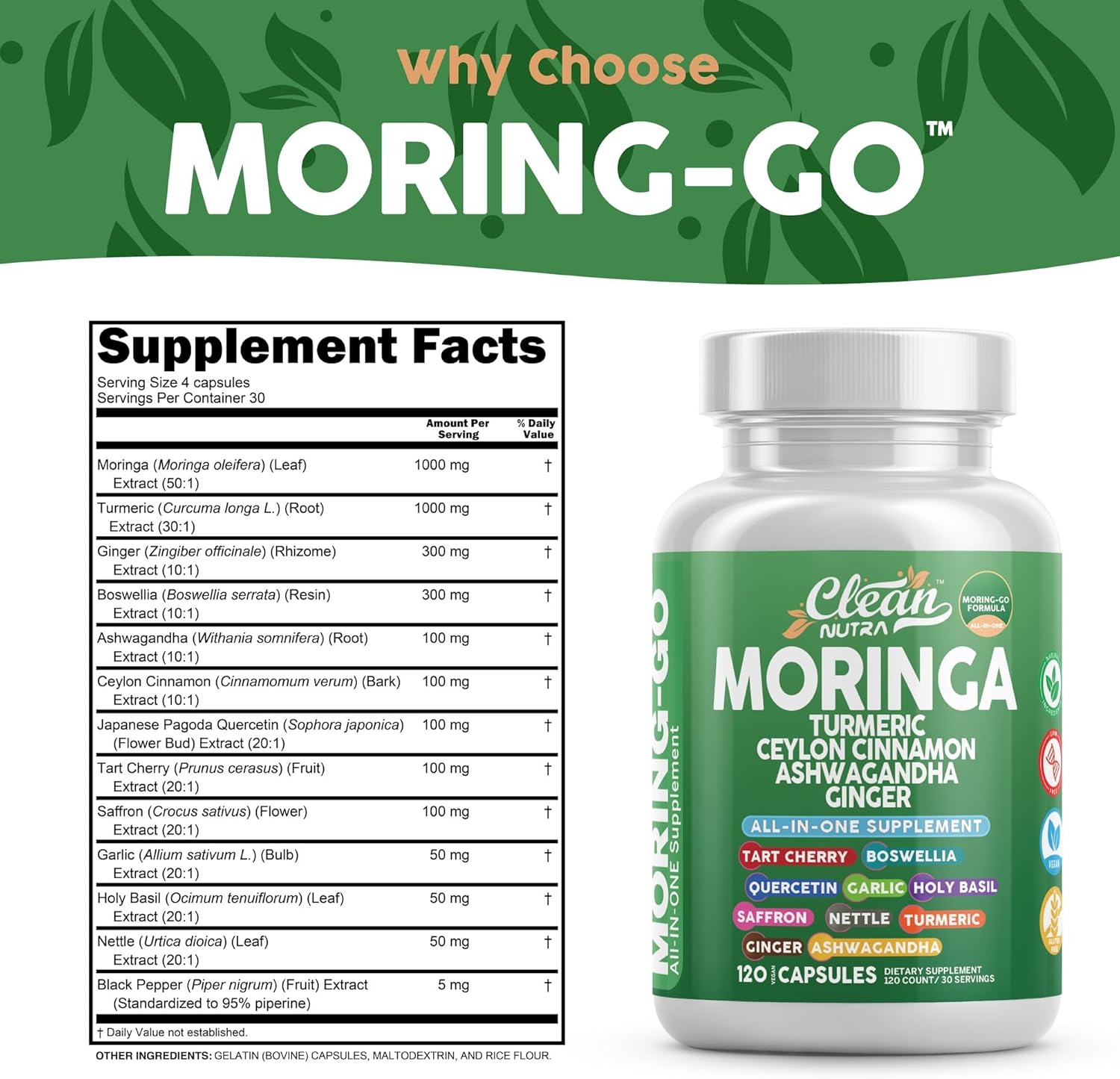 Moringa Powder Capsules + Turmeric Moringa Leaf Ceylon Cinnamon Ashwagandha Ginger Tart Cherry Boswellia Quercetin Garlic Holy Basil Saffron Nettle Black Pepper Moring-Go Supplement By Clean Nutra (2)