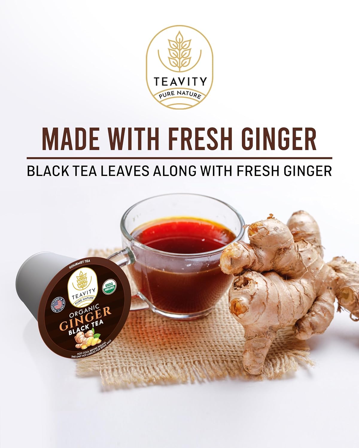 Organic Ginger Tea Pods for Keurig with Unsweet Black Tea for K Cup Brewing - Ginger Black Tea by Teavity (36 Tea Pods)