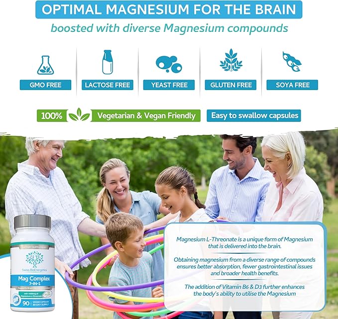 Magnesium L-Threonate Complex 7-in-1 with 1000mg of Magtein Plus Magnesium as Bisglycinate, Taurate, Citrate, Gluconate, Malate & Lactate - Supports Sleep - Vegan, US Made and No Artificial Nasties