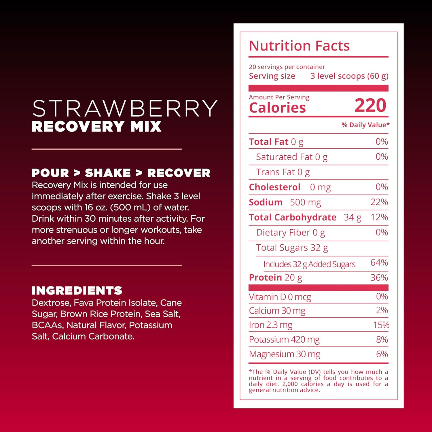 Tailwind Nutrition Recovery Mix, 20 Grams Complete Protein, Carbohydrates, and Electrolytes Powder Drink Mix for Post-Workout, Free of Gluten, Soy, and Dairy, Vegan, 20 Servings, Strawberry