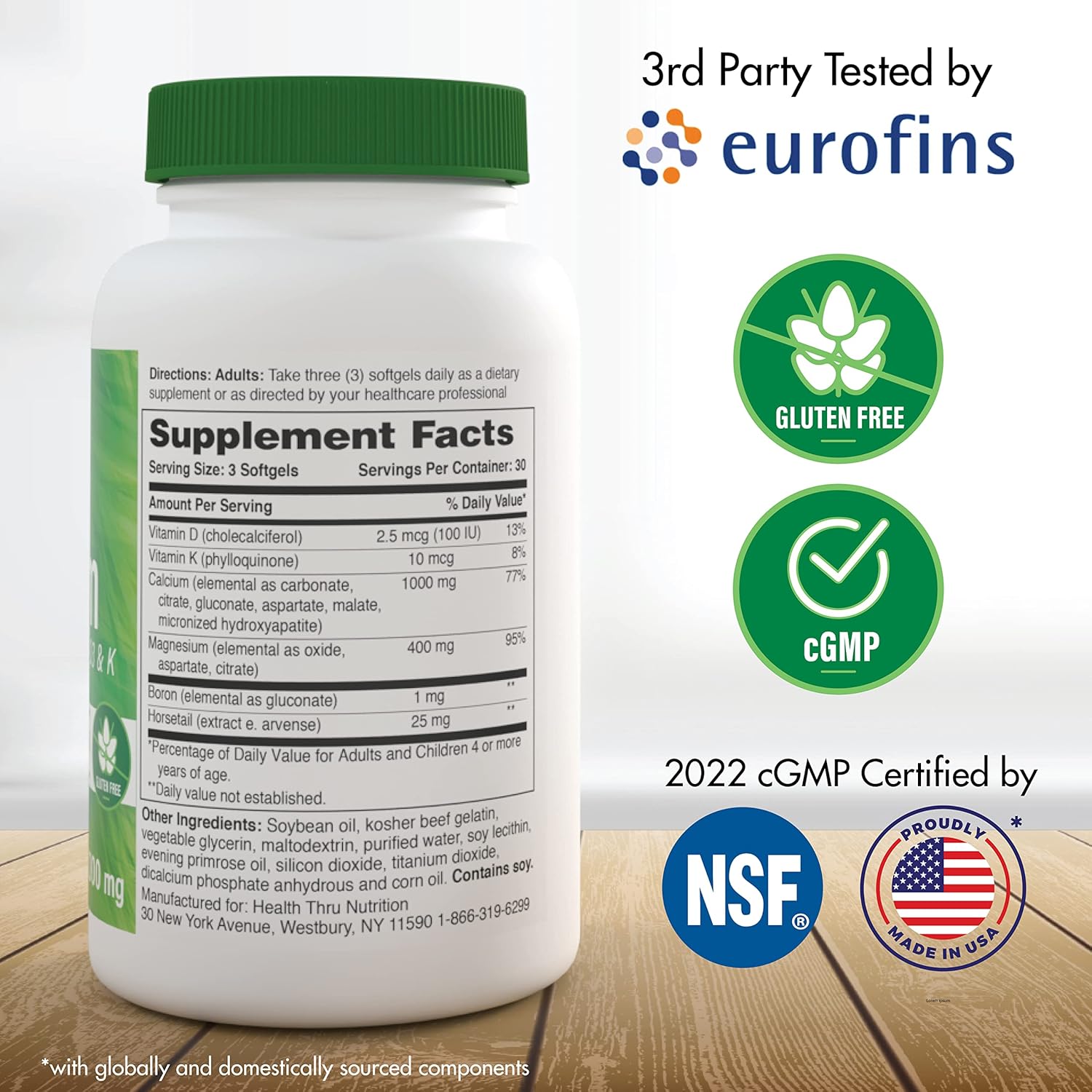 Health Thru Nutrition Calcium 1000mg and Magnesium 400mg with Vitamin D3 & K (90 Softgels)