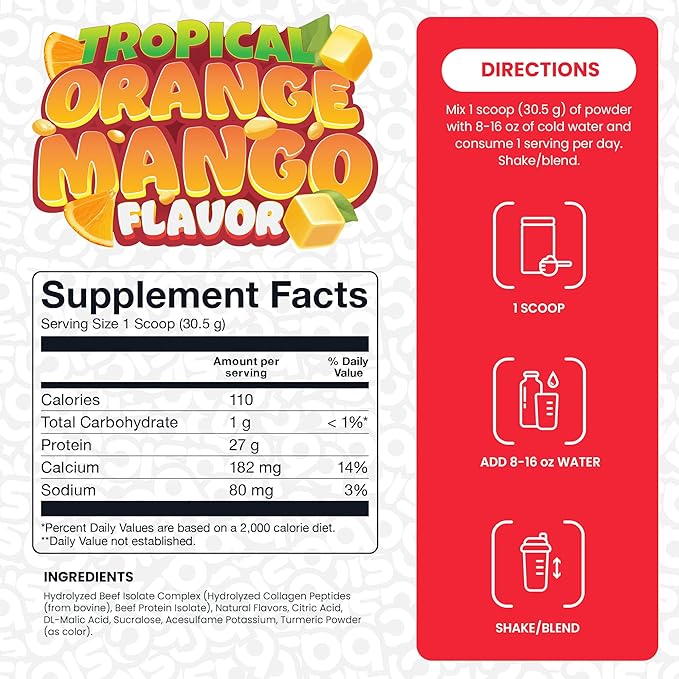 Hydrolyzed Clear Beef Isolate Protein Powder, 27g Protein, 9 Essential Amino Acids, Fat-Free, Dairy-Free, Sugar-Free, Lactose-Free, Supports Muscle Protein Synthesis