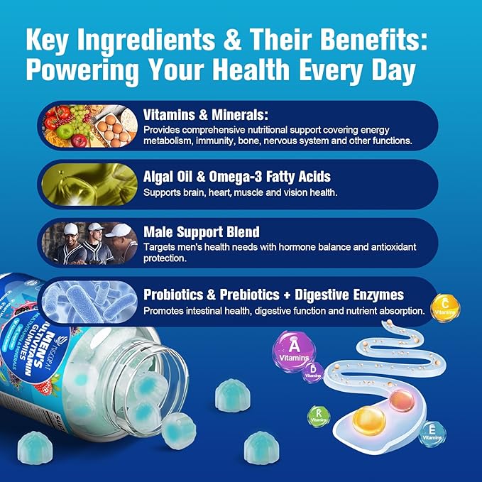 2-Pack Multivitamin for Men, Mens Multivitamins Gummies w/Omega-3, Probiotics, Inositol, Folate, Male Support Blend, Vitamins A, C, D, E, B - Support Heart, Brain, Muscle, Energy, Sugar-Free