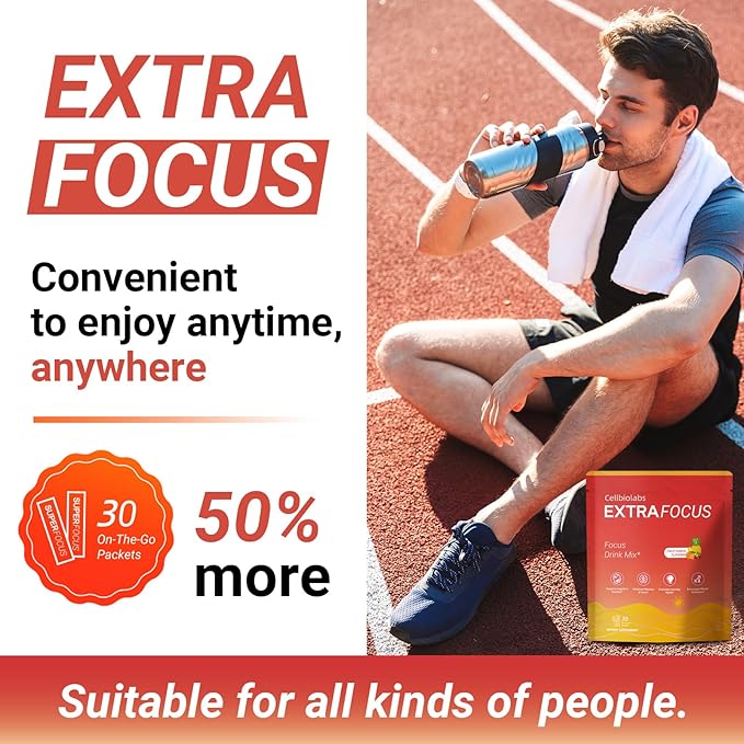 Cellbiolabs Extra Focus Drink Mix, 30 On-The-Go Stick Packs, Featuring Alpha-GPC, Lion's Mane & Rhodiola, Sugar-Free Clean Drink Mix