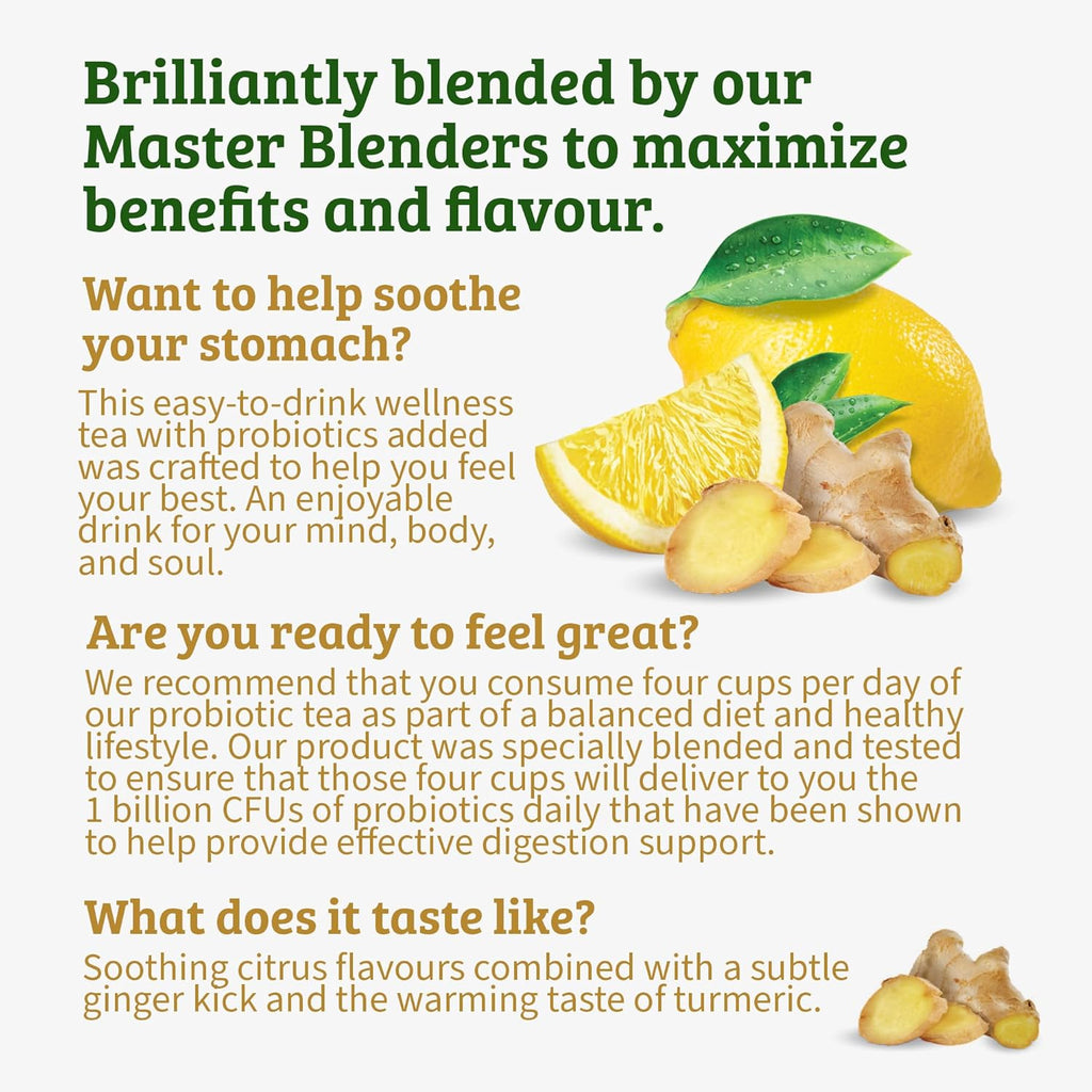Twinings Superblends Probiotics+ Lemon & Ginger Flavoured Herbal Tea with Turmeric, Naturally Caffeine-Free, 18 Tea Bags (Pack of 6), Enjoy Hot or Iced, 108 Teabags