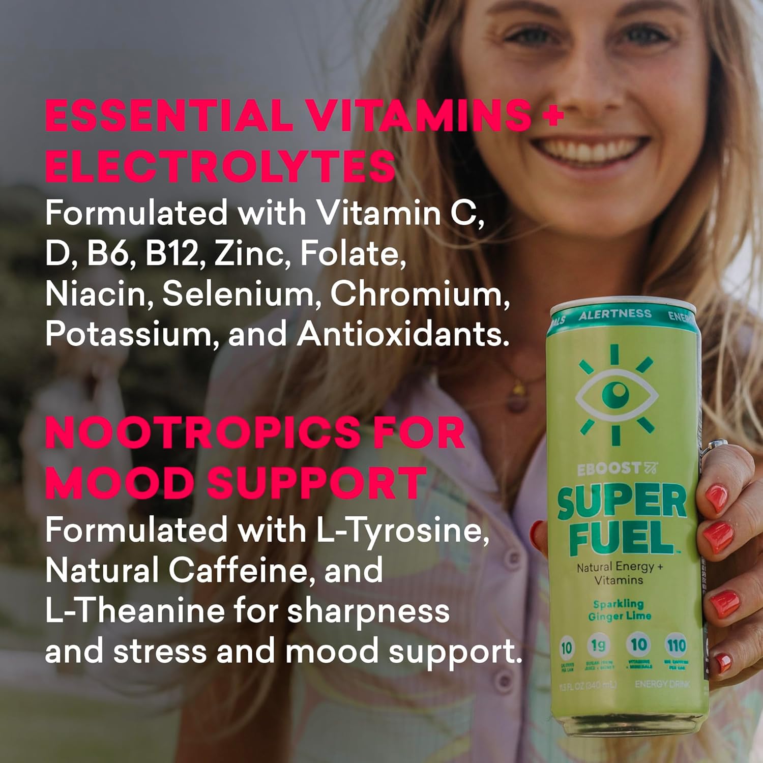 EBOOST Super Fuel Healthy Energy Drink - Caffeine from Natural & Clean Ingredients For Focus and Productivity -Taurine Free Pre-Workout With Electrolytes, Nootropic - Strawberry Lemonade, 12 Pack