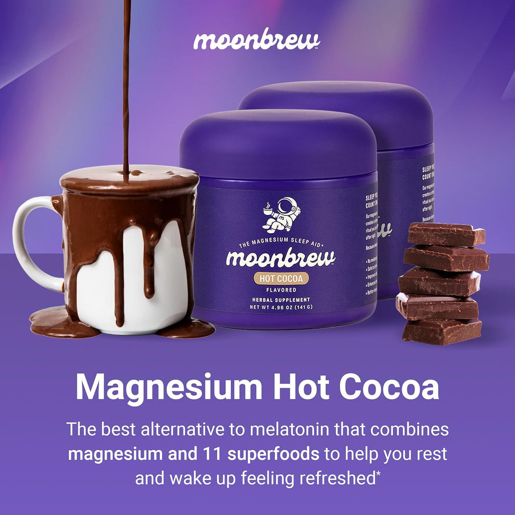 MoonBrew Nighttime Magnesium Hot Cocoa, Natural Sleep Aid Drink Mix for Adults, 2-Pack - Calming Melatonin-Free Sleep Support - Sleepy Hot Chocolate Powder with L-Theanine, Chamomile & Zinc Glycinate