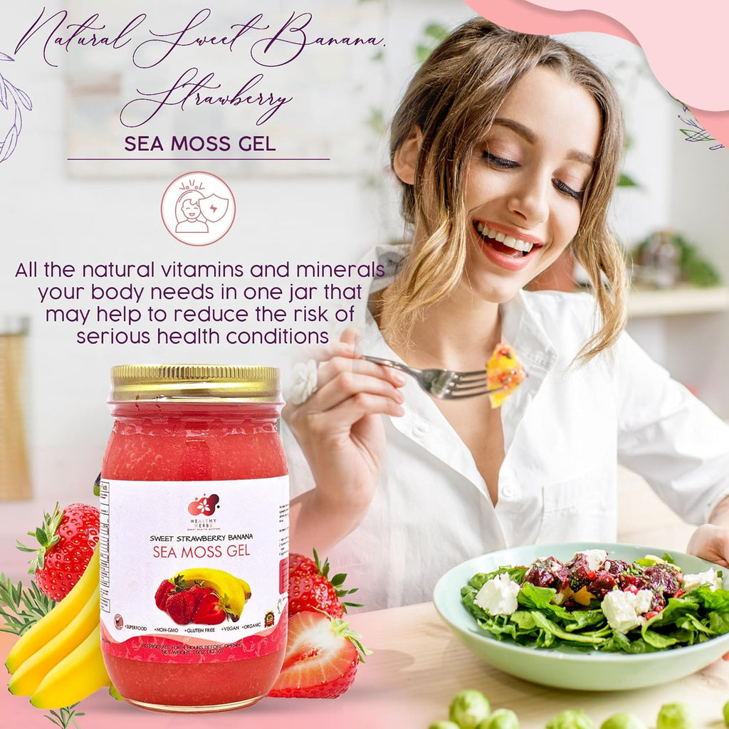 Healthy Herbs Sea Moss Gel (Sweet Strawberry Banana) Wildcrafted from Jamaican St Lucia Gold Seamoss | Wild-Harvested Superfood Rich In Essential Vitamins & Minerals | Vegan, Non-GMO, US-Made (16 oz.)