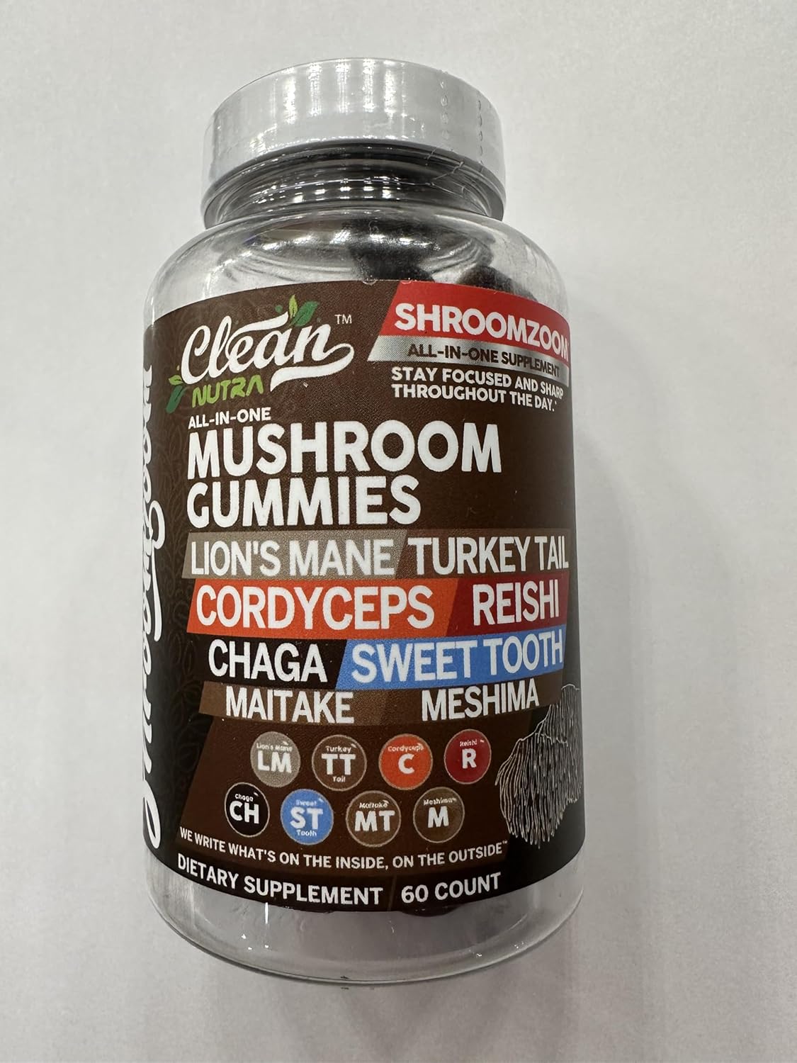 15in1 Mushroom Gummies with Lion's Mane Turkey Tail Cordyceps Reishi Chaga Sweet Toot Maitake Meshima Poria Cocos Shiitake Tremella, Oyster Agaricus Mushrooms for Men and Women Supplement Clean Nutra