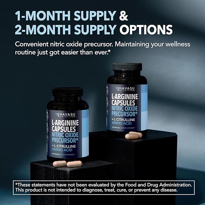 1,000 mg L-Arginine Capsules with L-Citrulline - Nitric Oxide Supplement - L Arginine w/ L Citrulline - 60 Count - Vegan, Non-GMO Capsules for Performance, Endurance, Muscle Support - 1 Month Supply