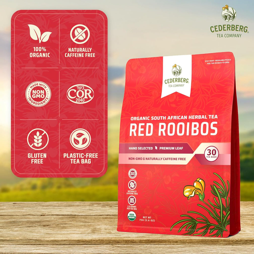 Cederberg Tea Company Red Rooibos Tea Bags USDA Certified South African Organic Herbal Tea, Naturally Caffeine Free Tea, Non-GMO, Premium Leaf, Rich in Antioxidants, 30 Count