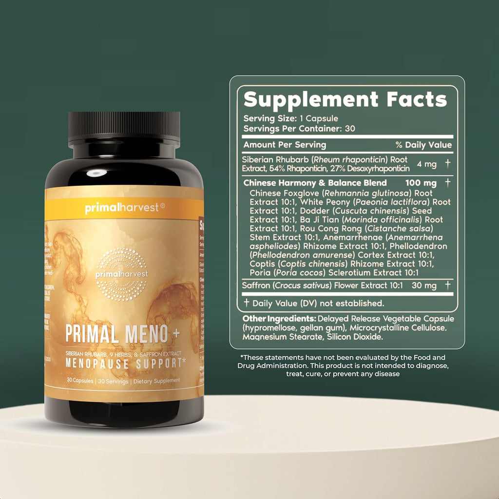 Primal Harvest Meno+ Menopause Support with Saffron & Chinese Herbs Support Mood, Menopausal Symptom Relief, & General Well-Being (2 Pack)