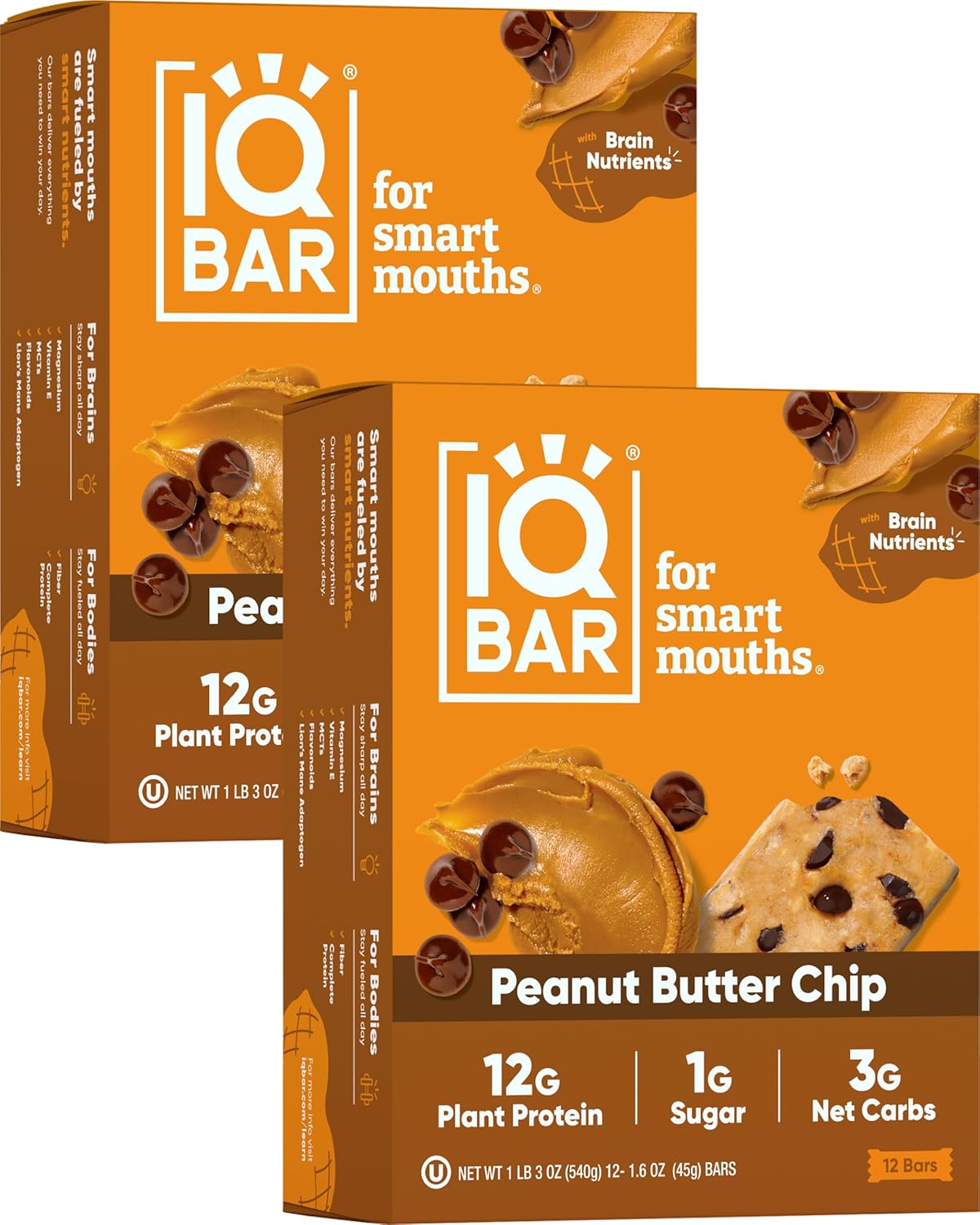 IQBAR Brain and Body Plant Protein Bars - Peanut Butter Chip - 24-Count - Keto, Vegan, Low Carb, High Fiber, Gluten Free, Dairy Free, Low Sugar Snack with Nutrients for Focus, Energy, Meal Replacement