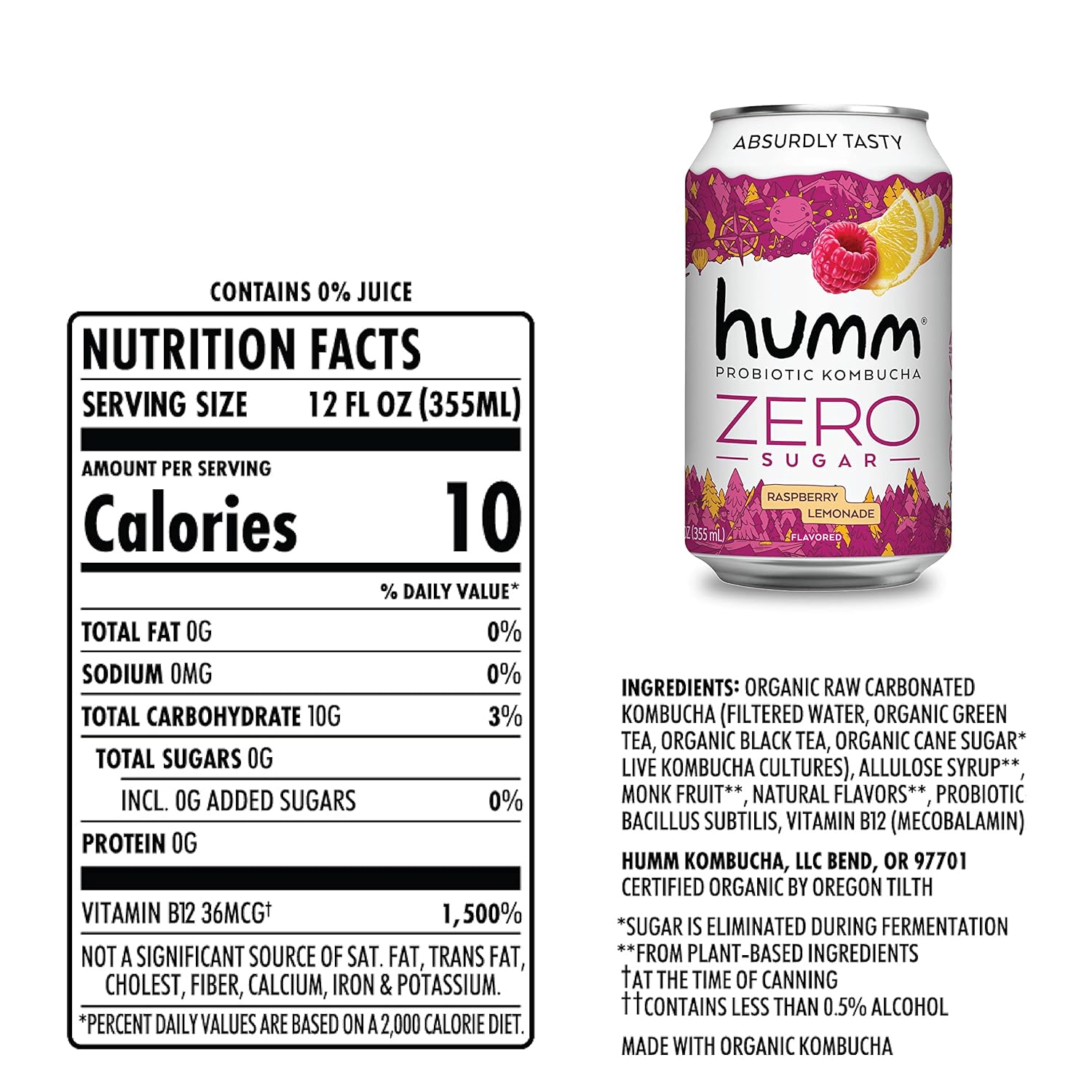 Humm Probiotic Kombucha Zero Sugar Raspberry Lemonade, No Refrigeration Needed, Keto Friendly, Organic, Vegan, Gluten Free, 12oz Cans (8 Pack)