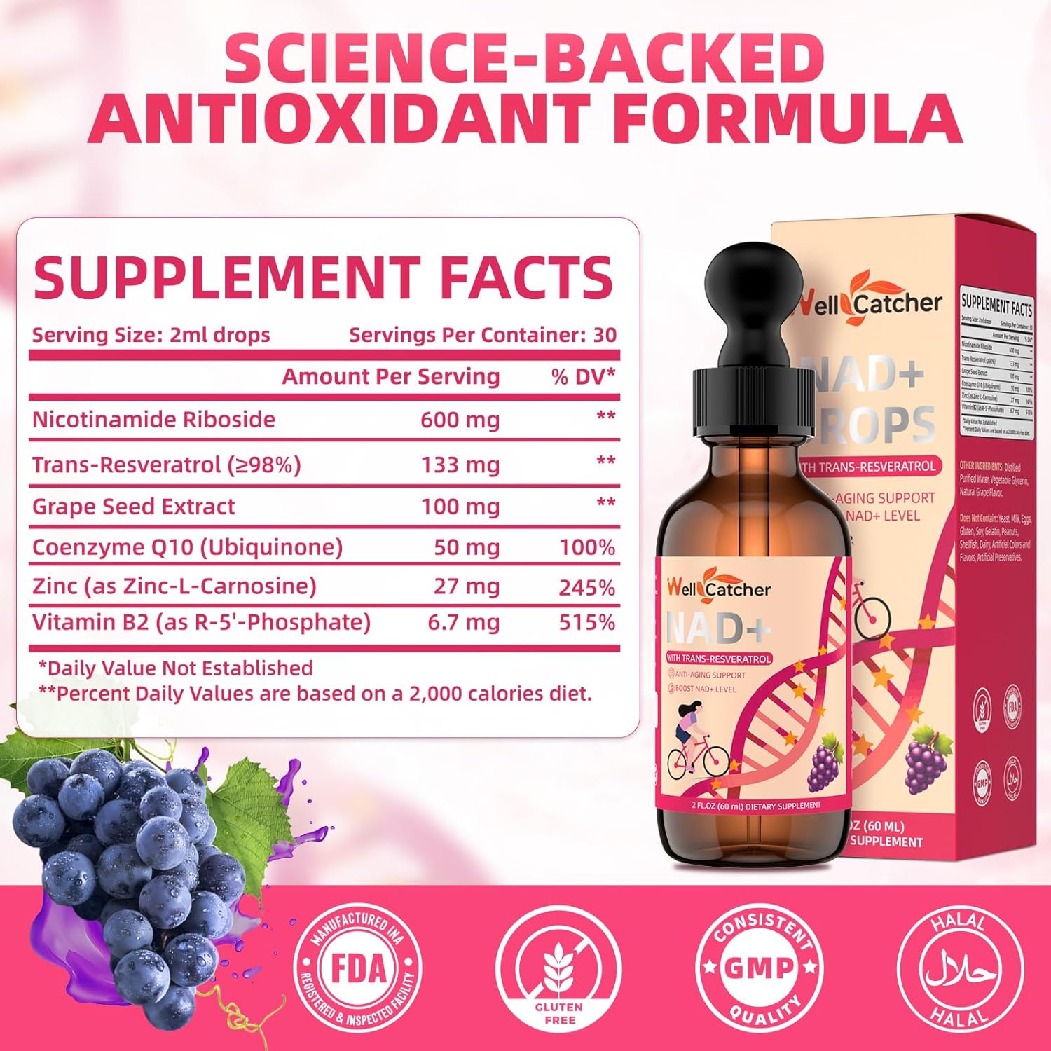 NAD+ Liquid Supplement for Women Men: NAD+ Resveratrol Drops with Grape Seed Extract CoQ10 Zinc Vitamin B2 Nicotinamide Riboside Support Energy Anti-Aging & Heart Health Grape Flavor 30 Servings
