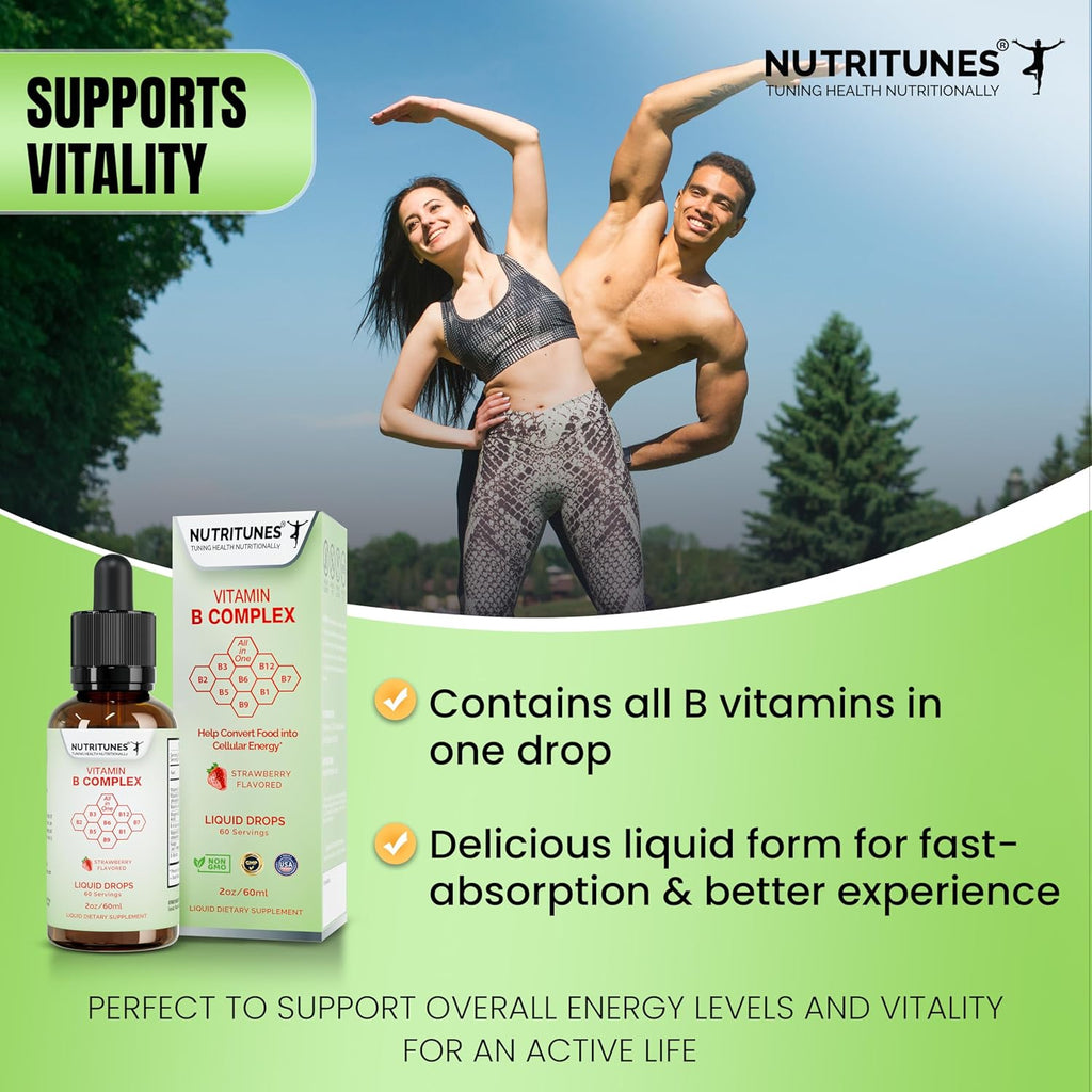 Liquid Vitamin B Complex–High-Potency and Complete B-Vitamin Drops for Energy, Metabolism, and Nervous System Support – Strawberry Flavored, Non-GMO, Sugar-Free – 60 Servings (2oz)