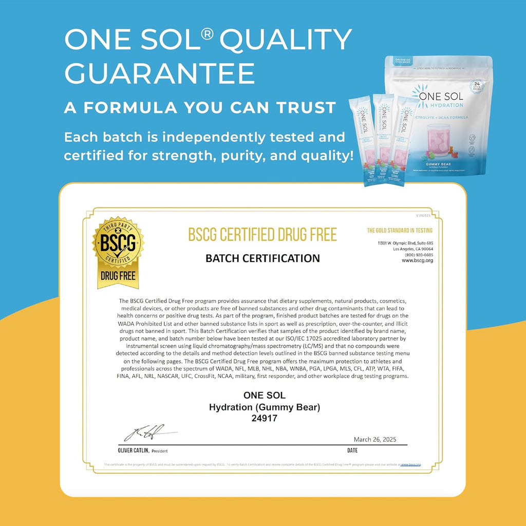 One Sol BCAA & Electrolyte Powder for Hydration & Energy, All-Natural Formula, 100% Vegan, Non-GMO, Gluten Free & Soy-Free, Promotes Muscle Growth & Recovery, Gummy Bear Flavor