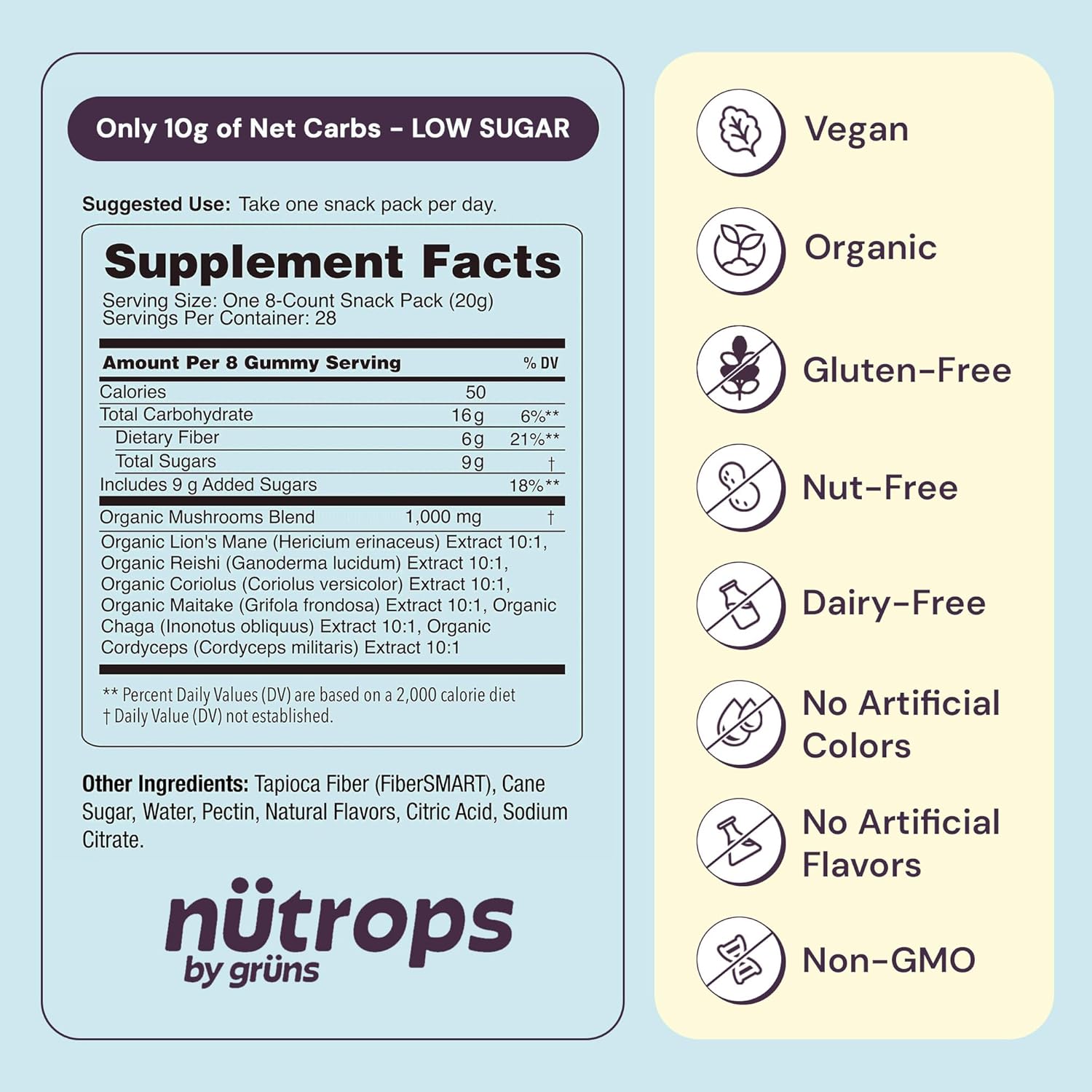 Nutrops Lions Mane Mushroom Gummies for Adults, Functional Nootropics, Herbal Brain Supplement for Energy, Brain Health, Cognitive, Memory & Focus, Reishi, Chaga, Cordyceps, Coriolus, 28 Daily Packs