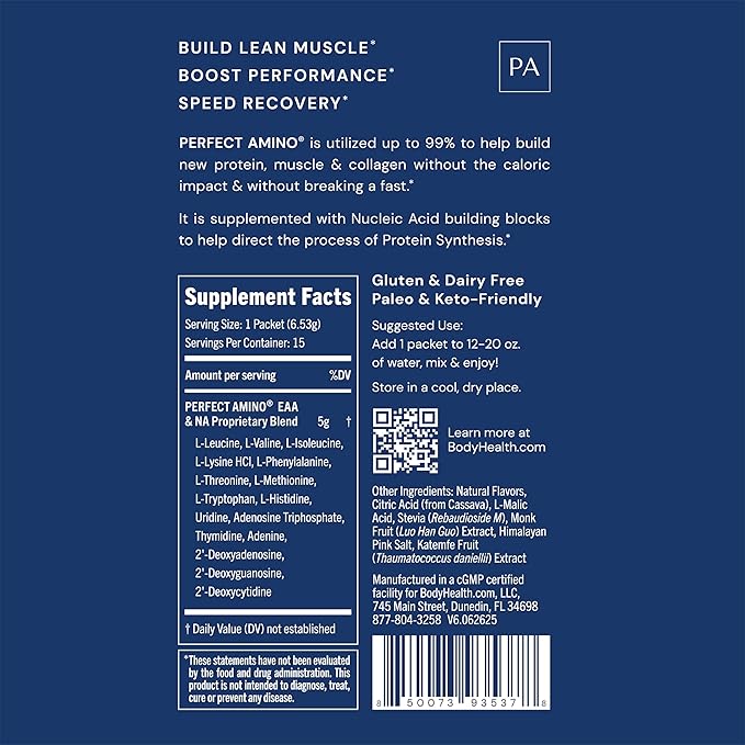BodyHealth PerfectAmino Powder - BCAA and EAA Powder for Pre and Post Workout - Amino Acid Energy Drink for Men and Women to Support Lean Muscle and Recovery - Strawberry - Stick Packs - 15 Servings