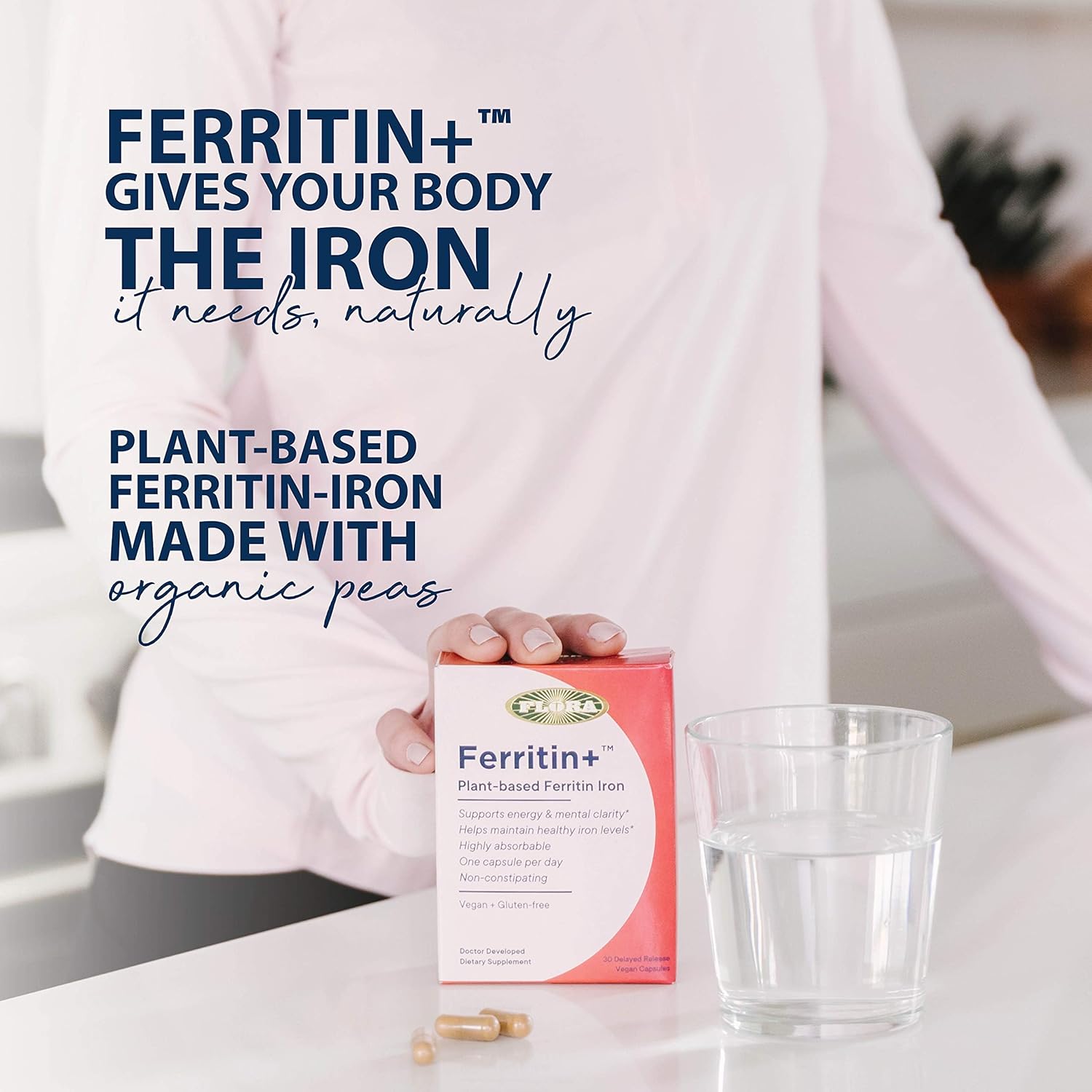 Flora Ferritin+ Delayed-Release Iron Supplement - Plant-Based Iron Supplement - Blood Cell & Energy Support - Vegan & Gluten-Free - Blister Pack - 30 Vegan Capsules