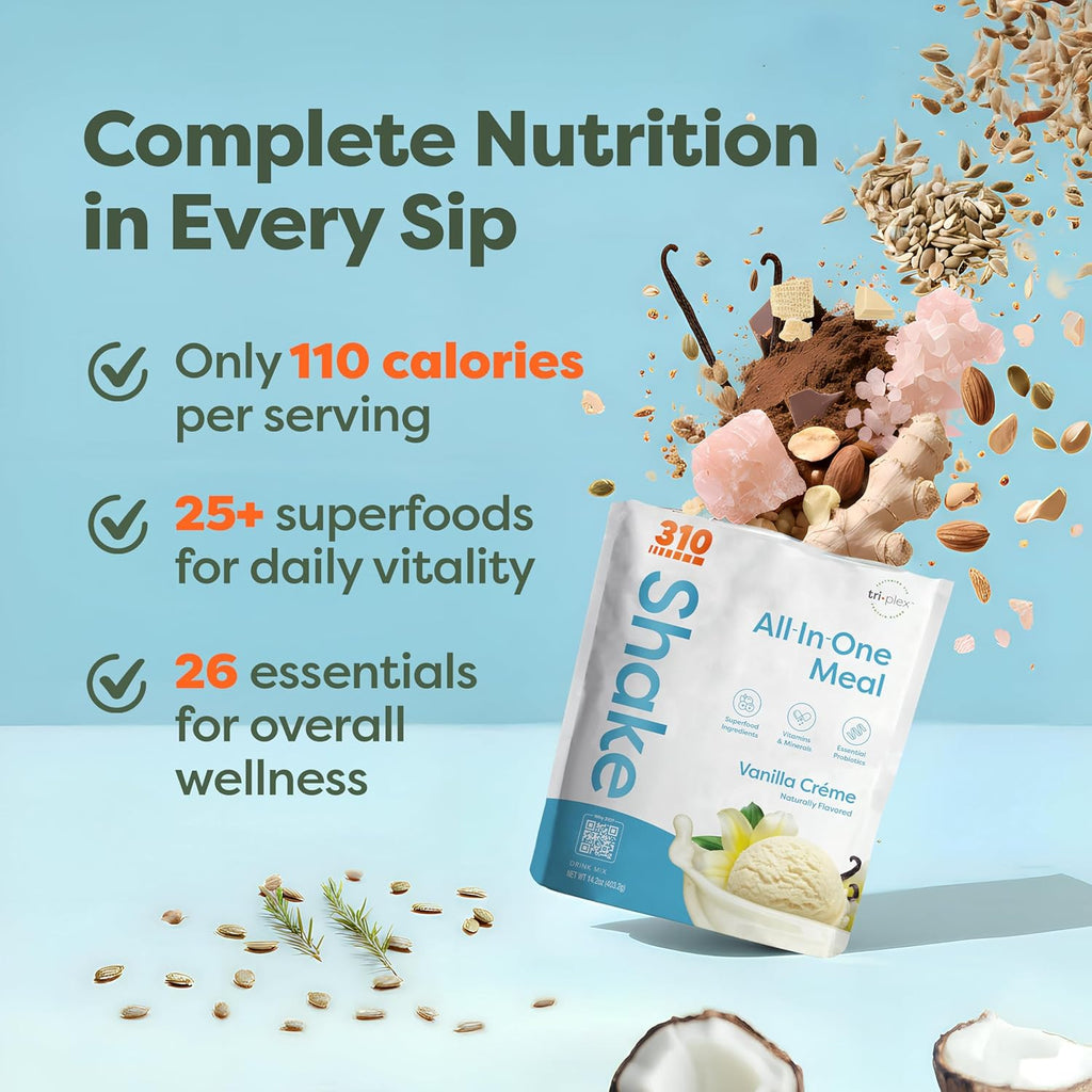 310 Nutrition All-In-One Meal Replacement Shake Powder - Plant-Based Protein Smoothie Blend w/High Fiber, Probiotics & Adaptogens - Low Carb, Vegan, Keto & Paleo Friendly - Vanilla Creme - 28 Srv