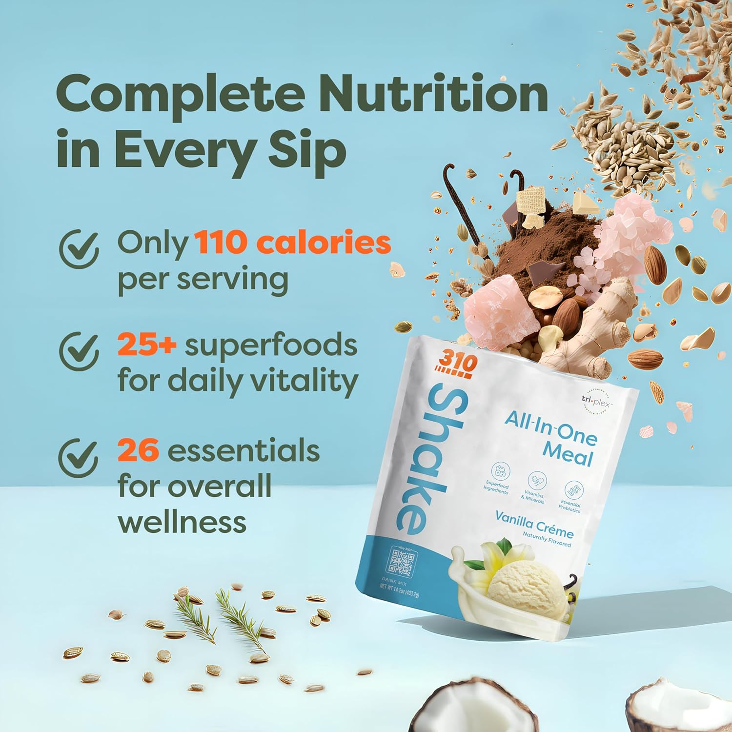 310 Nutrition All-In-One Meal Replacement Shake Powder - Plant-Based Protein Smoothie Blend w/High Fiber, Probiotics & Adaptogens - Low Carb, Vegan, Keto & Paleo Friendly - Vanilla Creme - 28 Srv