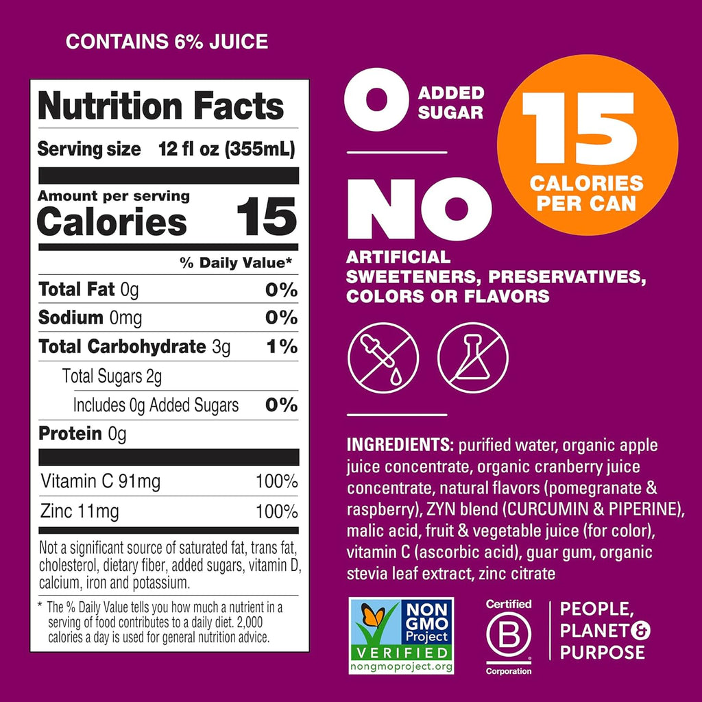 ZYN Turmeric Wellness Drink (24 Pack), Pomegranate Cranberry Flavored Turmeric Curcumin Drink with Black Pepper, No Added Sugar, Low Carb & Low Calorie Drink, Clean Alternative