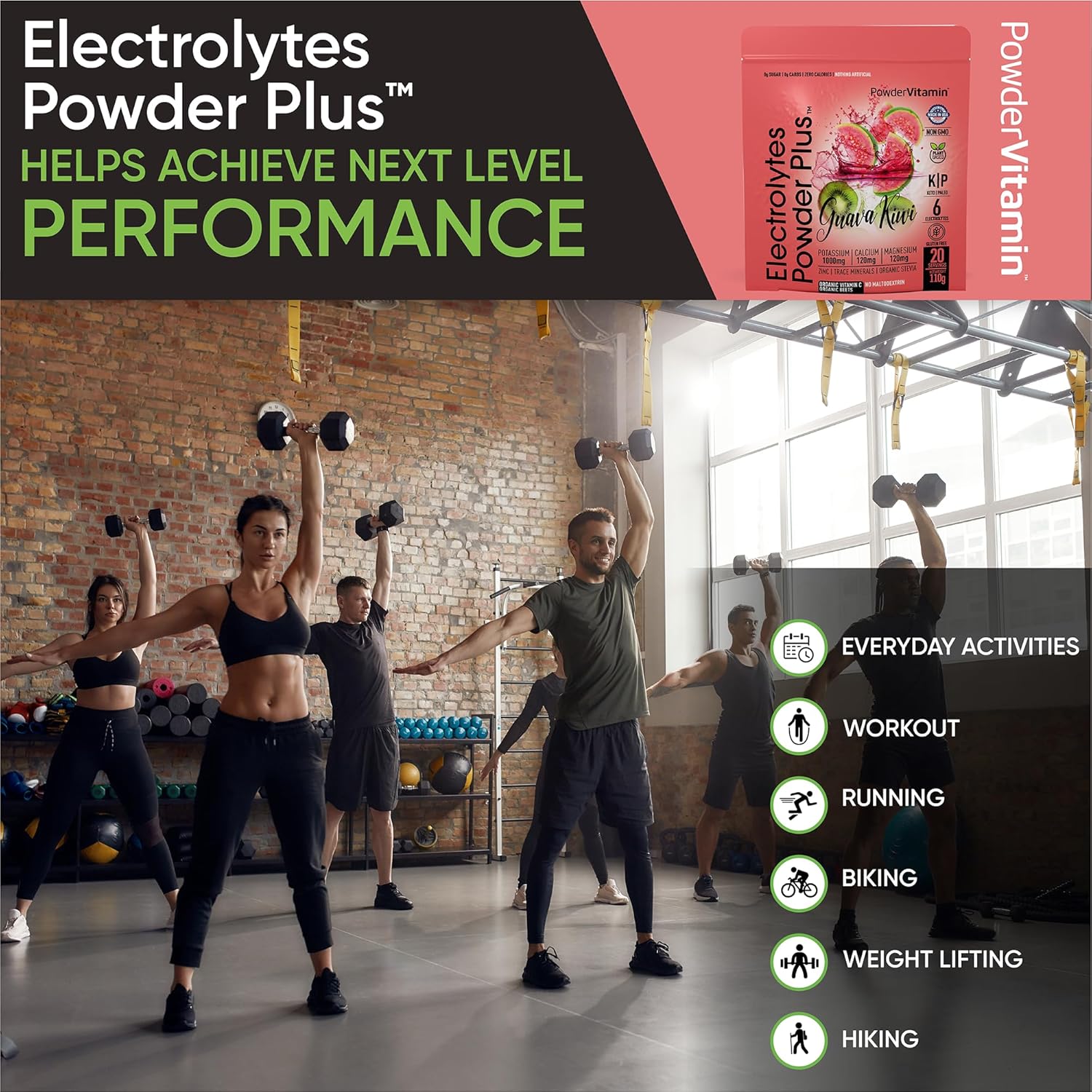 PowderVitamin Electrolytes Powder Plus (20 Servings) Guava Kiwi Electrolyte Powder Zero Calorie Keto,0 Sugar, No Maltodextrin,1000mg Potassium,120mg Calcium,120mg Magnesium, Pink Himalayan Salt
