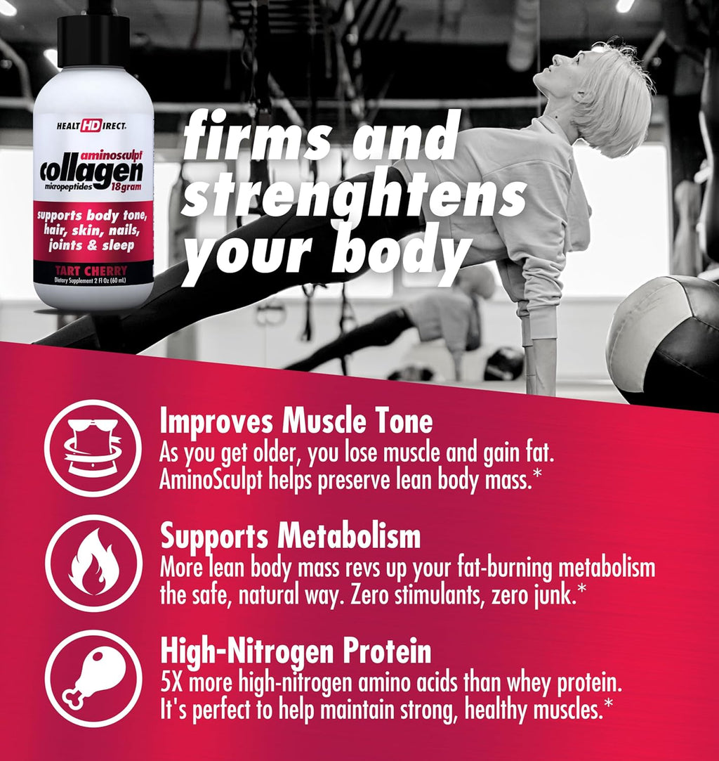 HEALTH DIRECT – Medical-Grade Liquid Collagen Shots – AminoSculpt Sugar-Free – Tart Cherry – 12 Servings, (12pk, 2oz Shots) – Good for Joints, Bones, & Sleep – Better Hair, Skin & Nails