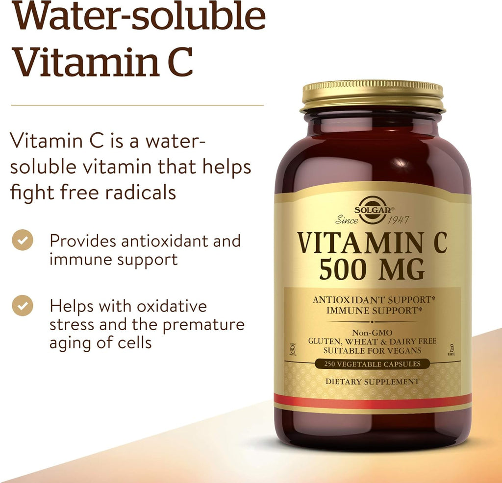 Solgar Vitamin C 500 mg, 250 Vegetable Capsules - Antioxidant & Immune Support - Overall Health - Supports Healthy Skin & Joints - Non-GMO, Vegan, Gluten Free, Kosher - 250 Servings