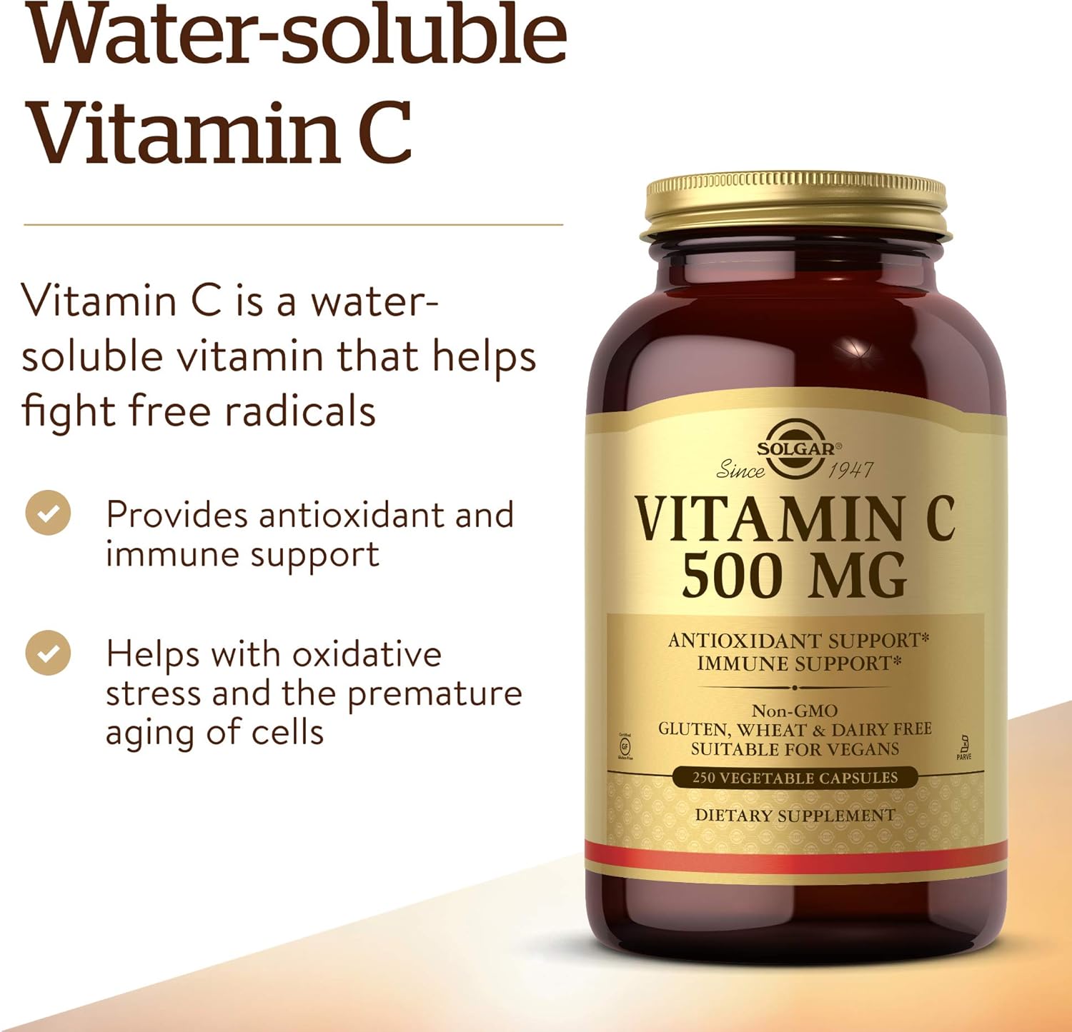 Solgar Vitamin C 500 mg, 250 Vegetable Capsules - Antioxidant & Immune Support - Overall Health - Supports Healthy Skin & Joints - Non-GMO, Vegan, Gluten Free, Kosher - 250 Servings