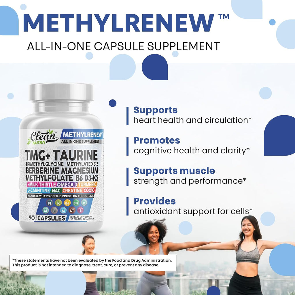 Clean Nutra TMG Trimethylglycine Supplement 1,000mg + Taurine Methylated Multivitamin for Women Men B6 B12 D3 K2 Magnesium Methylfolate Milk Thistle Omega 3 NAC L Carnitine COQ10 B Complex Vitamin