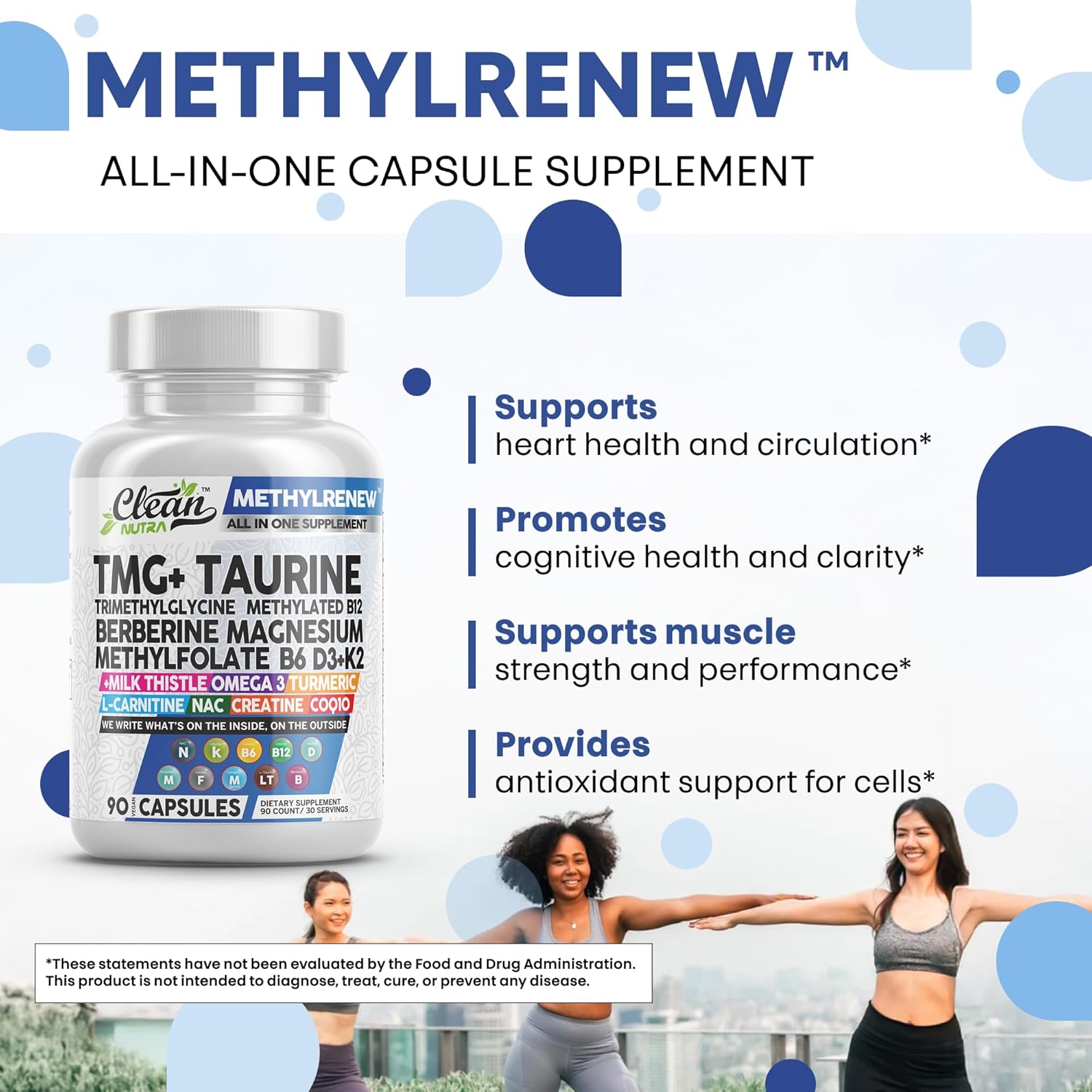 Clean Nutra TMG Trimethylglycine Supplement 1,000mg + Taurine Methylated Multivitamin for Women Men B6 B12 D3 K2 Magnesium Methylfolate Milk Thistle Omega 3 NAC L Carnitine COQ10 B Complex Vitamin