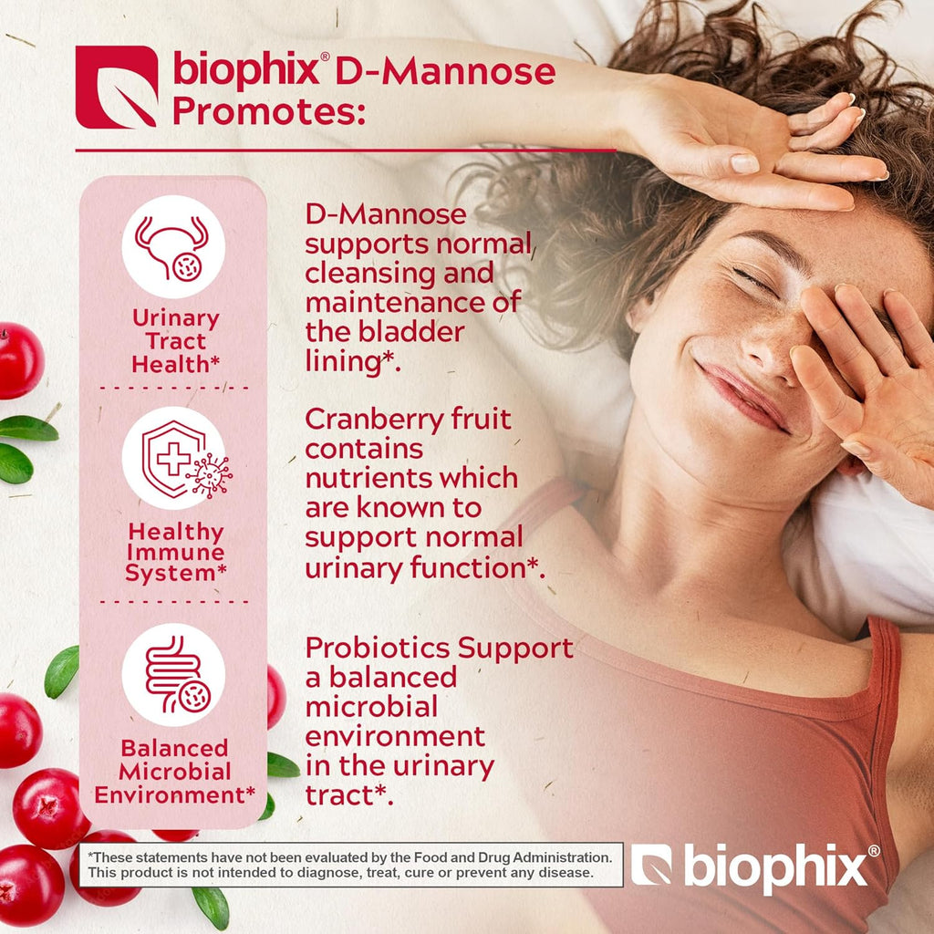 biophix D-Mannose 1000mg Capsules with Cranberry & Probiotics - D Mannose Supplements for Women - D-Mannose Pills for Urinary Tract & Bladder Health Support - Digestive Well-Being - 120 Vcaps 2 Pack