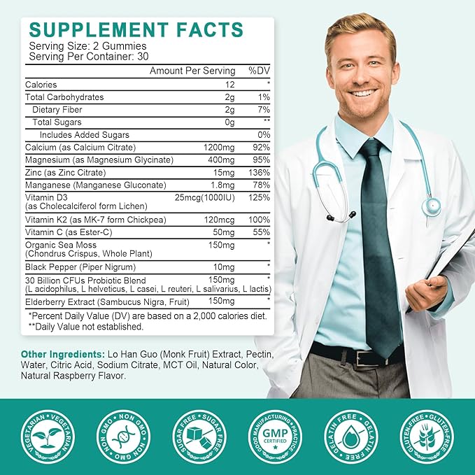 Sugar Free Calcium Citrate 1200mg with Vitamin D3 Supplements Gummies, Calcium Gummies with Vitamin D3, K2 for Women & Men, Raspberry Flavor, 30 Day Supply