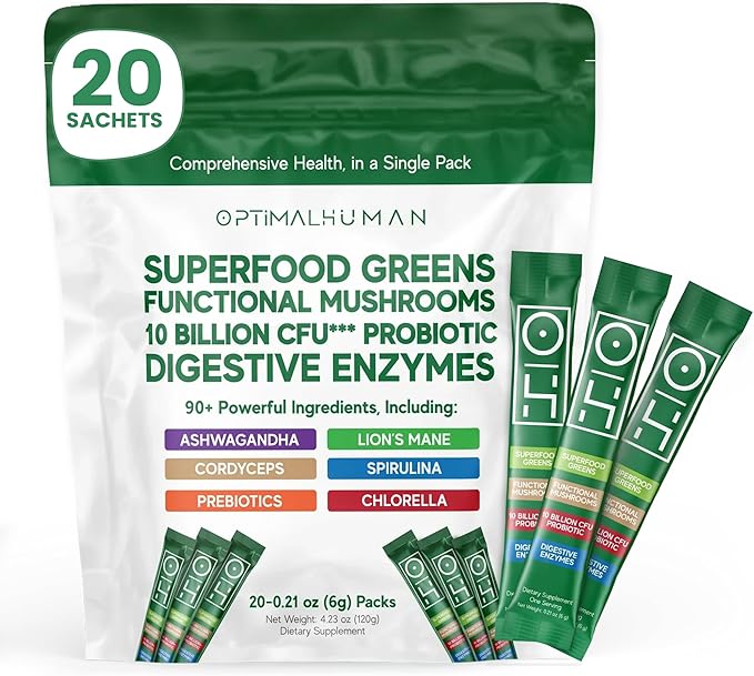 Optimal Human Superfood Greens Powder – 90+ Ingredient Blend with Lion’s Mane Supplement, Ashwagandha & Turmeric – Non-GMO, Soy-Free, Mushroom Supplements for Women – 20 Sachets