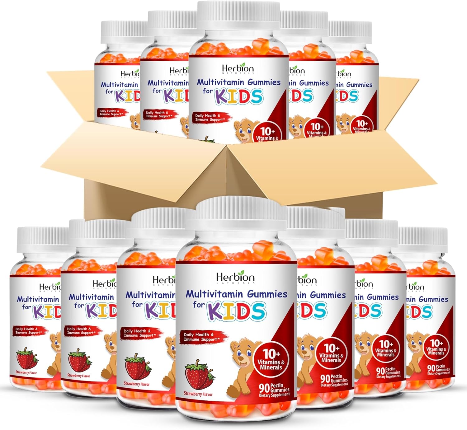 HERBION Naturals Multivitamin Gummies for Kids | Immune Support with Vitamin C, D3, B12, A, E & Zinc | Strawberry Flavor | Gluten Free, Vegan, Chewable Gummy Vitamins | 90 Ct | Pack of 24