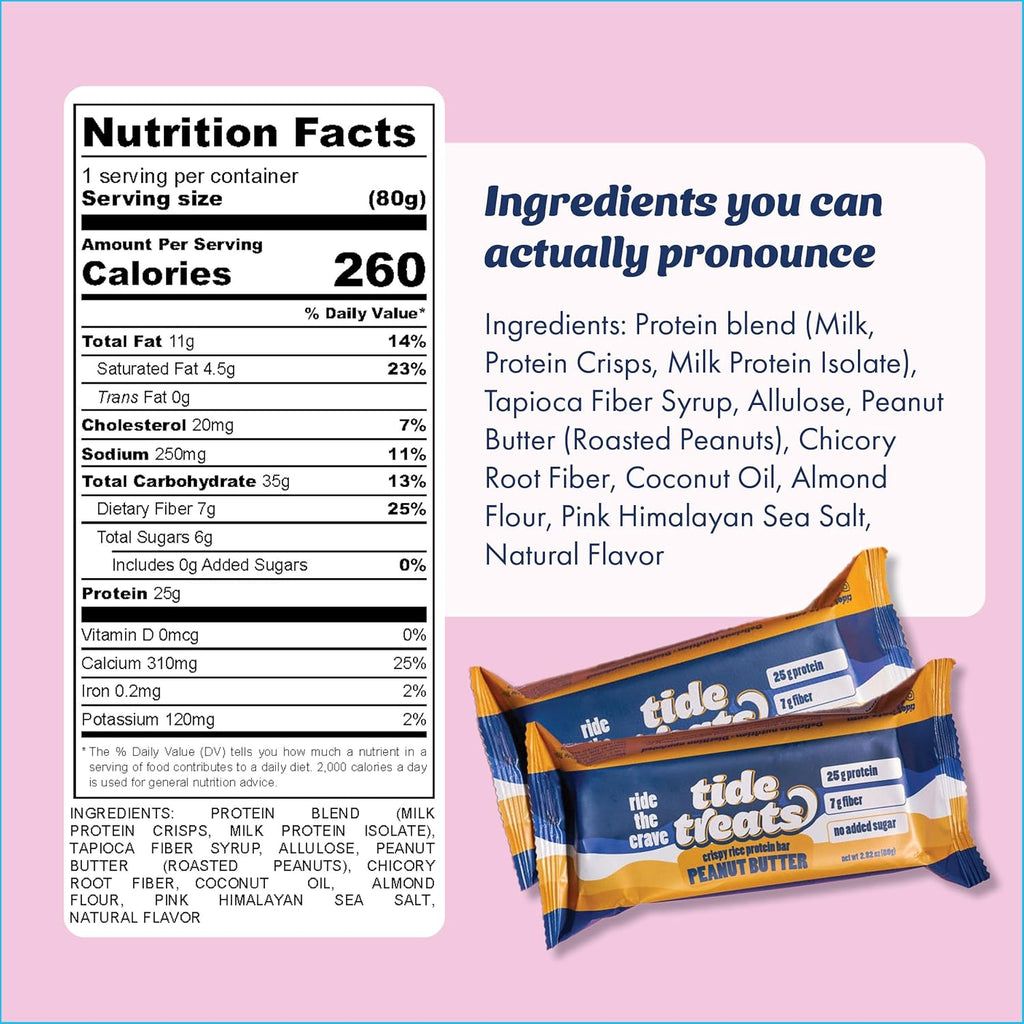 Crispy Rice Protein Treat Peanut Butter Bar | 25 g Protein, No Added Sugar, 7 g Fiber, Gluten Free | High Protein Snack for On-the-Go, Post-Workout or Dessert Cravings | 8 Count | TideTreats