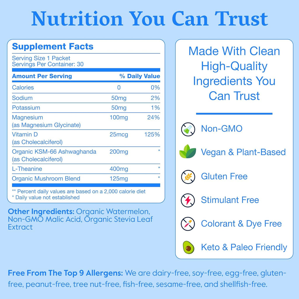 Nectar Calm Magnesium Glycinate Drink Mix - Sugar Free & Zero Calorie - with Organic Ashwagandha, Vitamin D, L-Theanine, Hydrating Electrolytes - Relax, Focus & Calm - Non-GMO (Watermelon 30 Sticks)