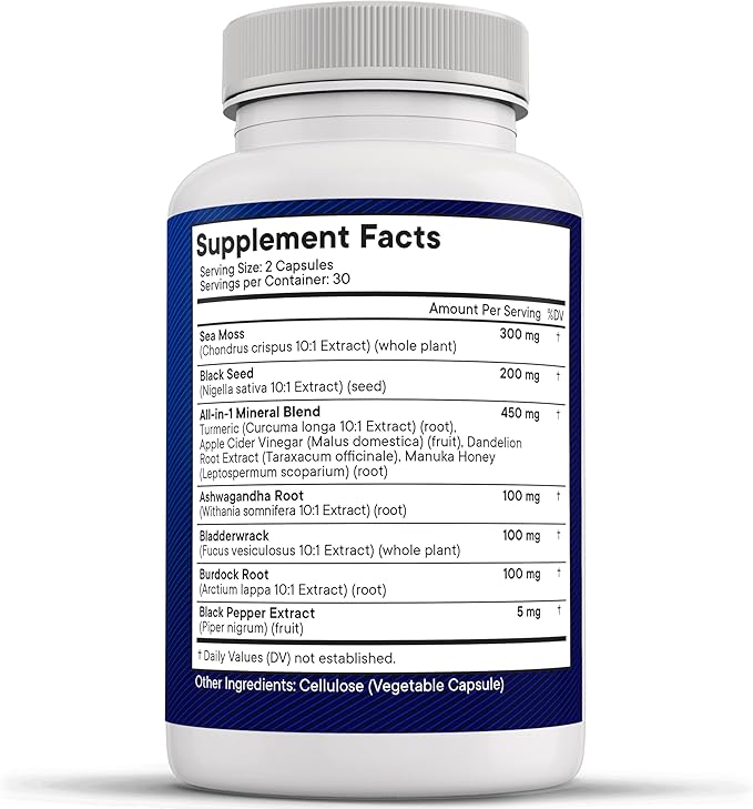 NEW AGE Sea Moss Capsules, Black Seed Oil Ashwagandha Turmeric Bladderwrack Burdock - with Manuka, Honey Dandelion, ACV Black Pepper Gluten Free