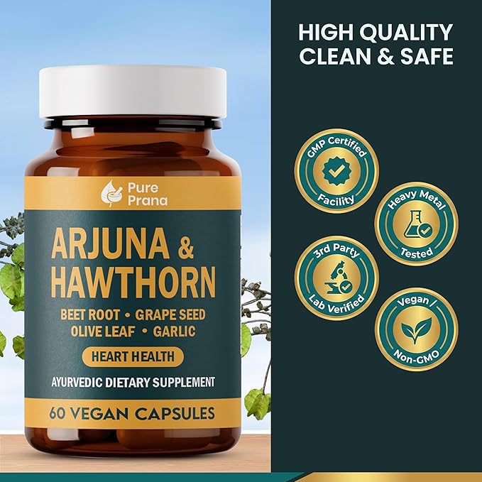 Pure Prana Ayurvedic Heart Health Supplement - Arjuna Bark & Hawthorn with CoQ10, Beet Root & Grape Seed for Cardiovascular Support & Blood Pressure - Vegan Capsules - Non-GMO, Gluten Free