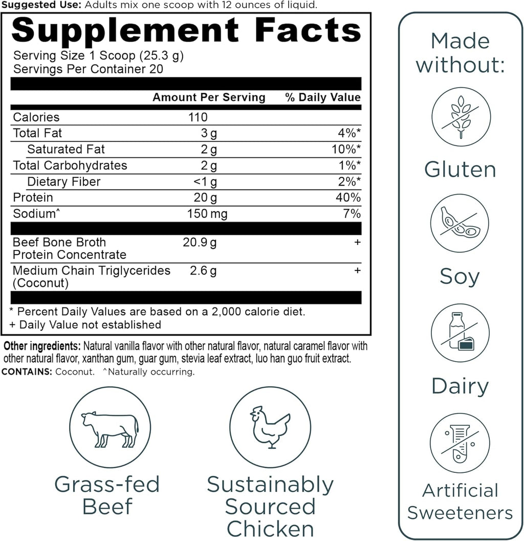 Ancient Nutrition Bone Broth Protein Powder, Salted Caramel, 19g Protein per Serving, Beef, Supports Healthy Skin, Gut Health, Joint Supplement, Gluten Free, Paleo and Keto Friendly, 20 Servings