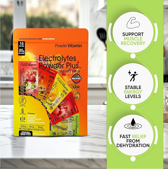 PowderVitamin Electrolytes Powder Plus, Keto, Variety Pack A, Sugar Free, Pink Himalayan Salt, 1000mg Potassium, 120mg Calcium, 120mg Magnesium, Non-GMO, Zero Calories, (16 Hydration Packets)