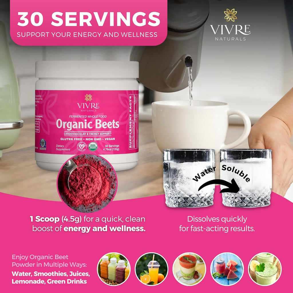 Vivre Naturals Fermented Whole Food Organic Beet Powder, USDA Organic, Probiotic-Enhanced Beetroot Superfood - Nitric Oxide Supplement for Blood Pressure Support, Heart Health Circulation, 30 Servings