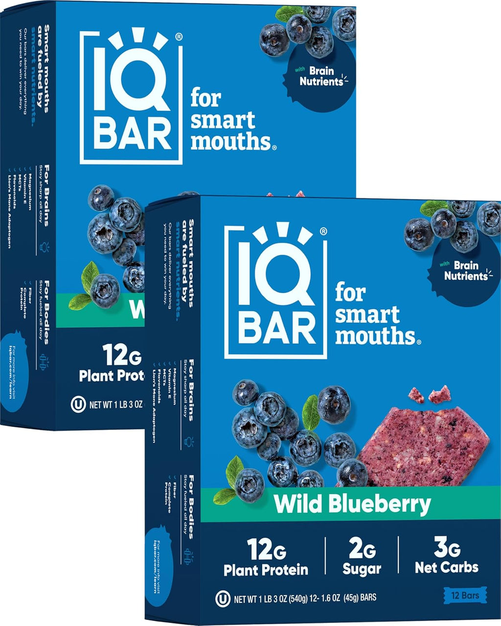 IQBAR Brain and Body Plant Protein Bars - Wild Blueberry - 24-Count - Keto, Vegan, Low Carb, High Fiber, Gluten Free, Dairy Free, Low Sugar Snack with Nutrients for Focus, Energy, Meal Replacement